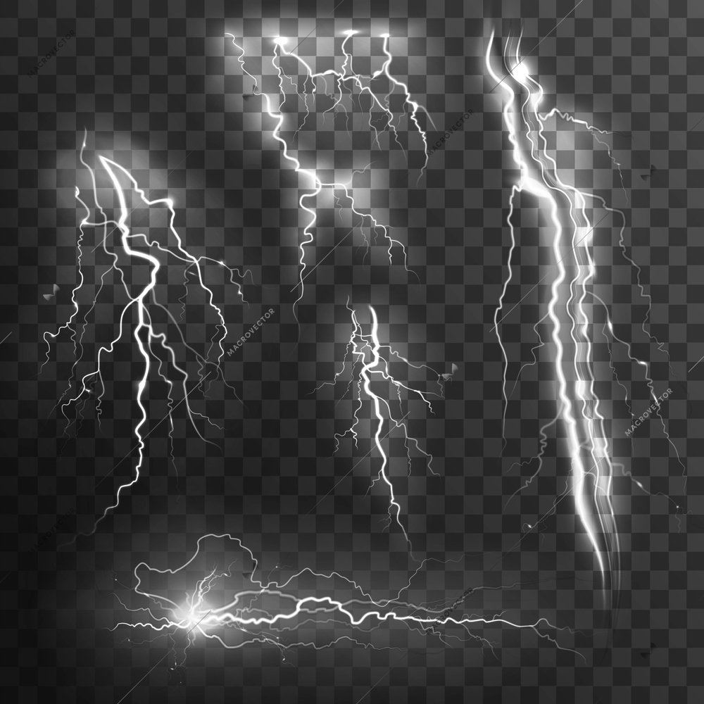 Lightning black white transparent set with zigzag lightnings realistic isolated vector illustration