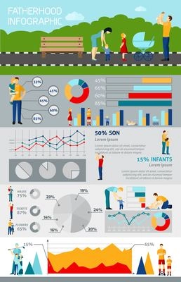 Fatherhood infographic with happy family picture  with diagrams graphs and information flat  vector illustration.