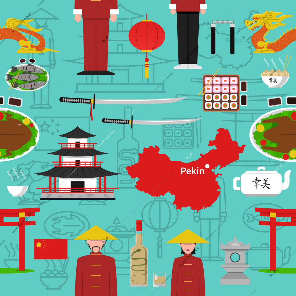 Chinese seamless pattern with national food drinks architecture and weapon symbols  flat vector illustration