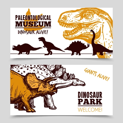Paleontology museum dinosaurs animation exposition for jurrasic park visitors with children banners set abstract isolated vector illustration