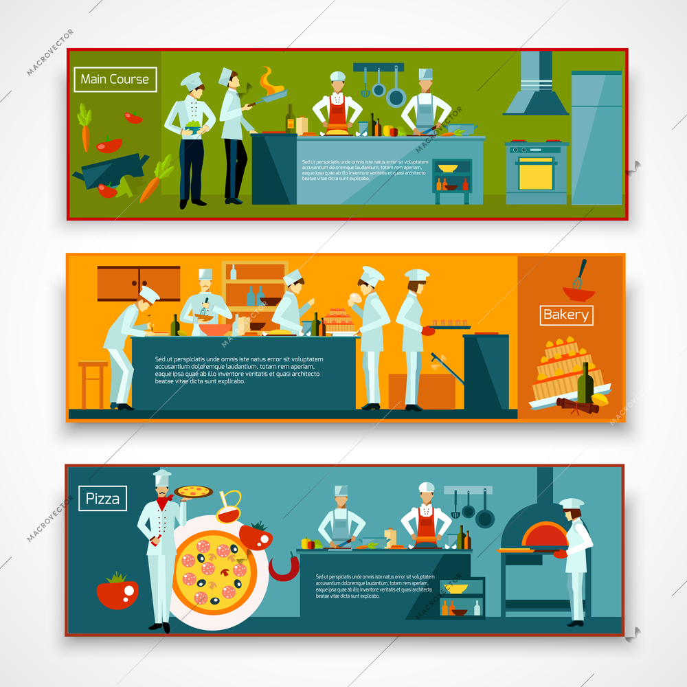 Cooking horizontal banner set with people making pizza and baking isolated vector illustration