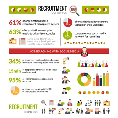 Recruitment infographics set with job search symbols and charts vector illustration