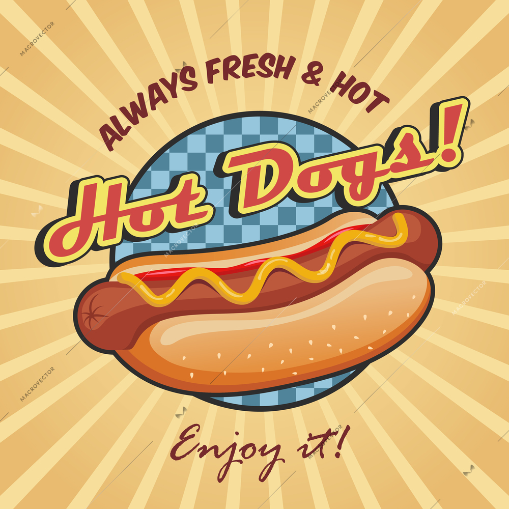 American hot dog sandwich with ketchup and mustard poster template vector illustration