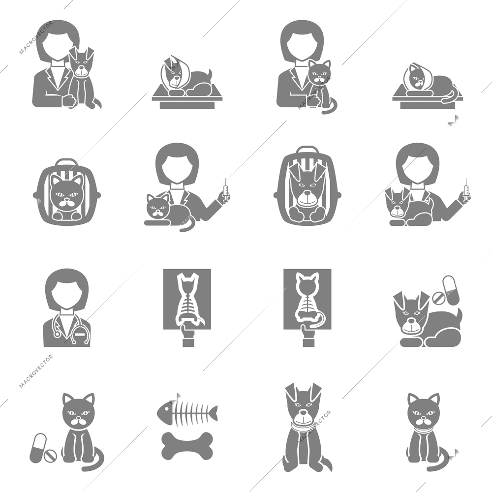 Veterinary clinic for cats and dogs with proper feeding advice black icons set abstract  isolated vector illustration