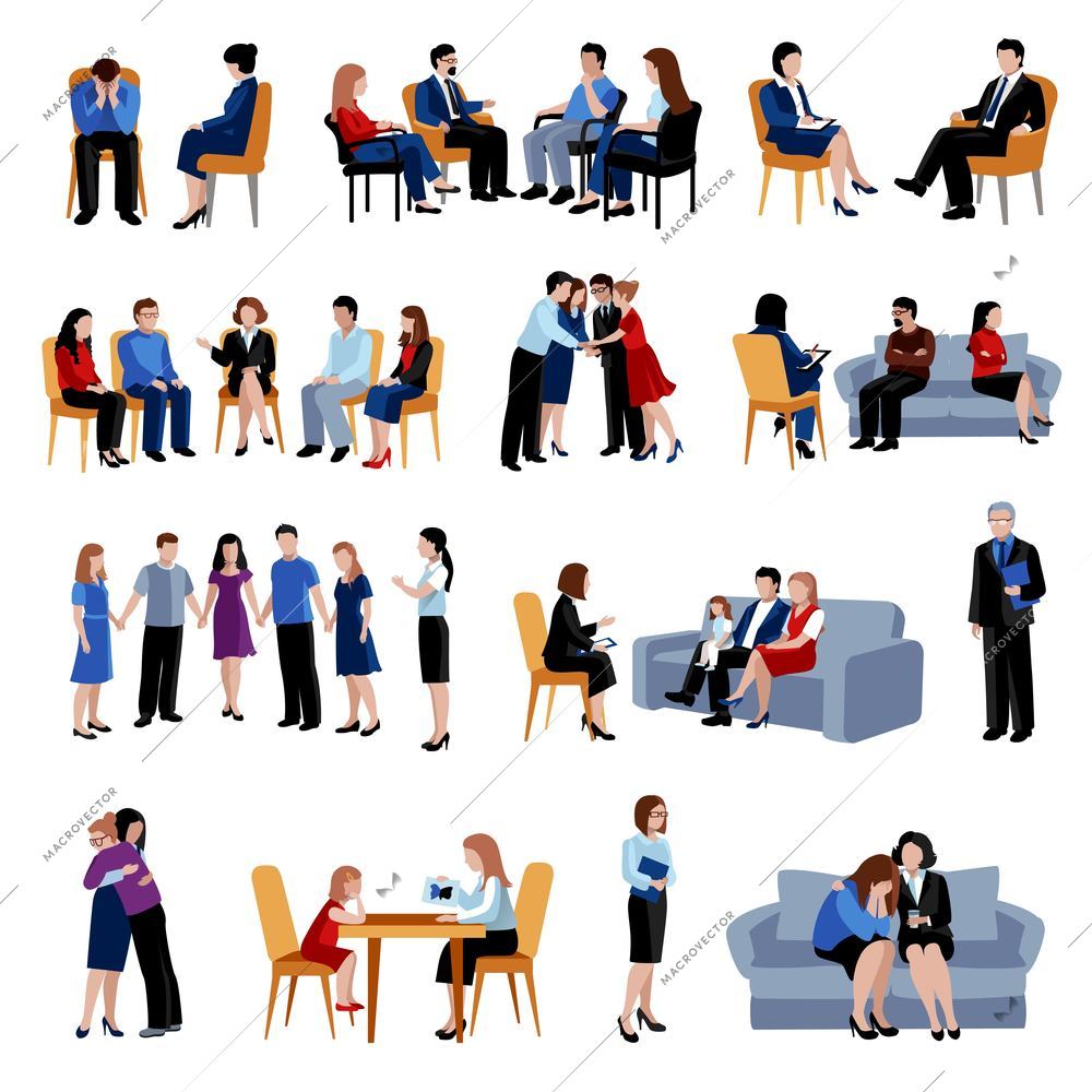 Family and relationship problems counseling and therapy with support group flat icons collection abstract isolated vector illustration