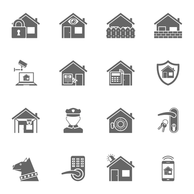 Home security protection electronic remote controlled system with shield symbol black icons set abstract isolated vector illustration