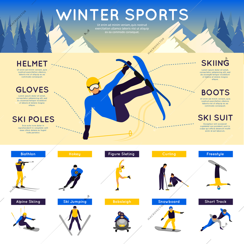 Winter sports infographics set with biathlon hockey figure skating vector illustration