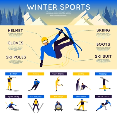 Winter sports infographics set with biathlon hockey figure skating vector illustration