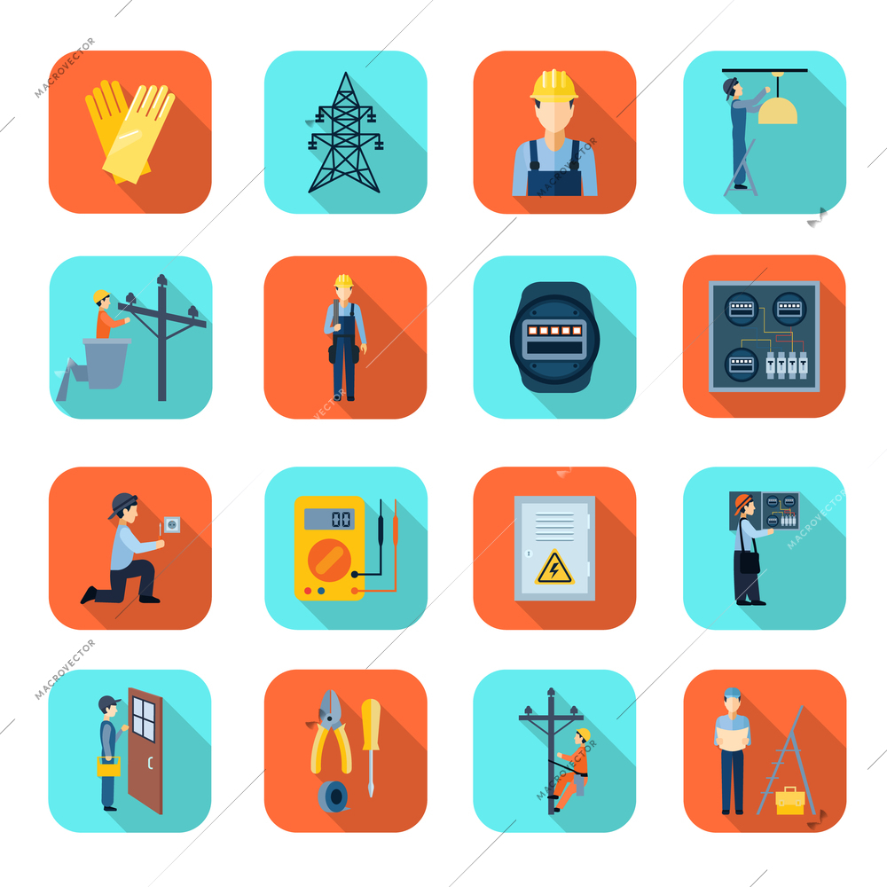 Professional electrician man fixing problems flat icons collection with high voltage wire pylon abstract isolated vector illustration