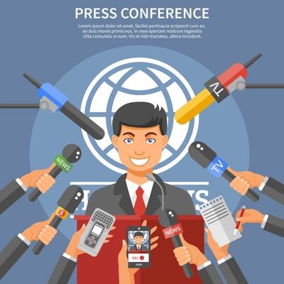 Press conference concept with speaker microphones and dictaphones flat vector illustration