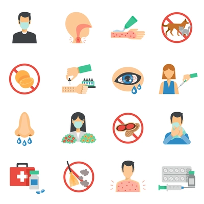 Allergy symptoms and allergens icons flat set isolated vector illustration