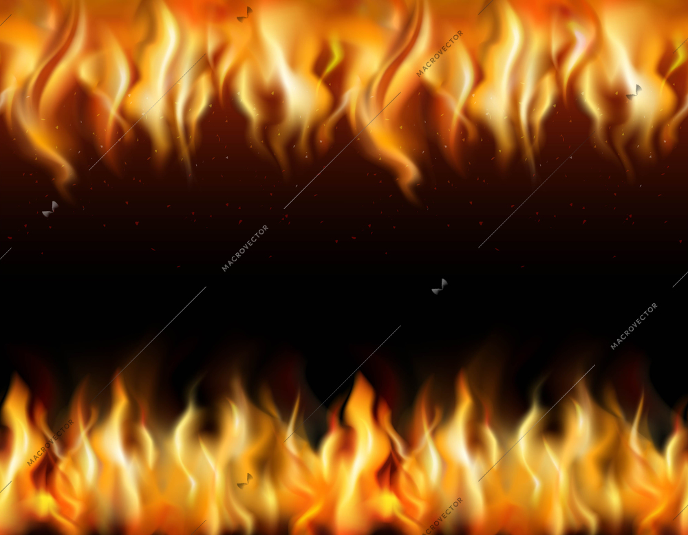 Fire tileable realistic borders set on black background isolated vector illustration