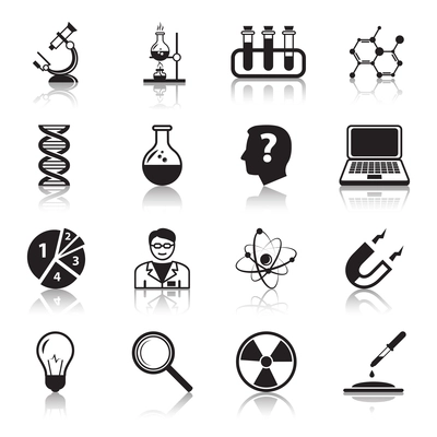 Chemistry or biology science icons set of test tube light bulb atom and pipette for school education isolated vector illustration