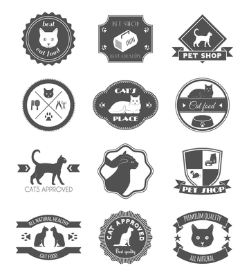 Pets place healthy food black symbols labels collection for premium quality products poster abstract isolated vector illustration