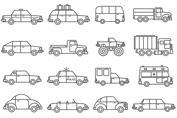 Cars line black white icons set with family and service cars flat isolated vector illustration