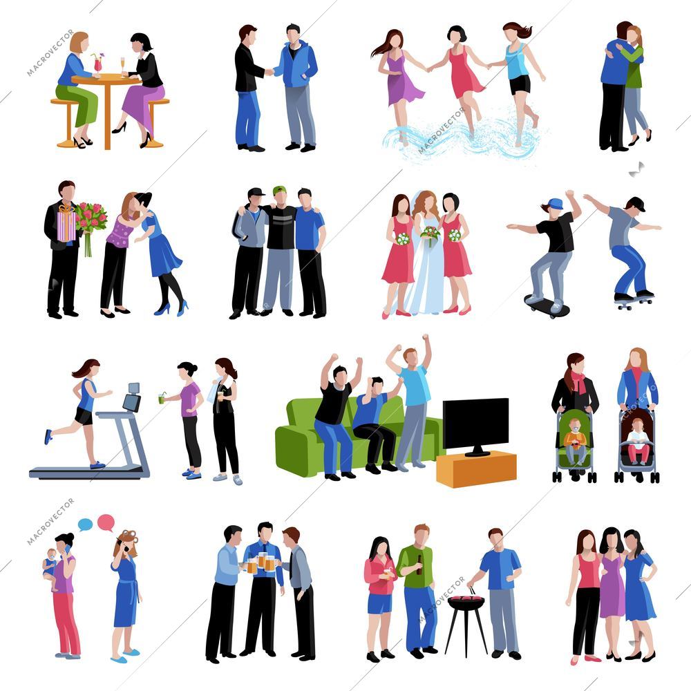 Colleagues friends classmates sharing  free time activities and important events flat icons set abstract isolated vector illustration