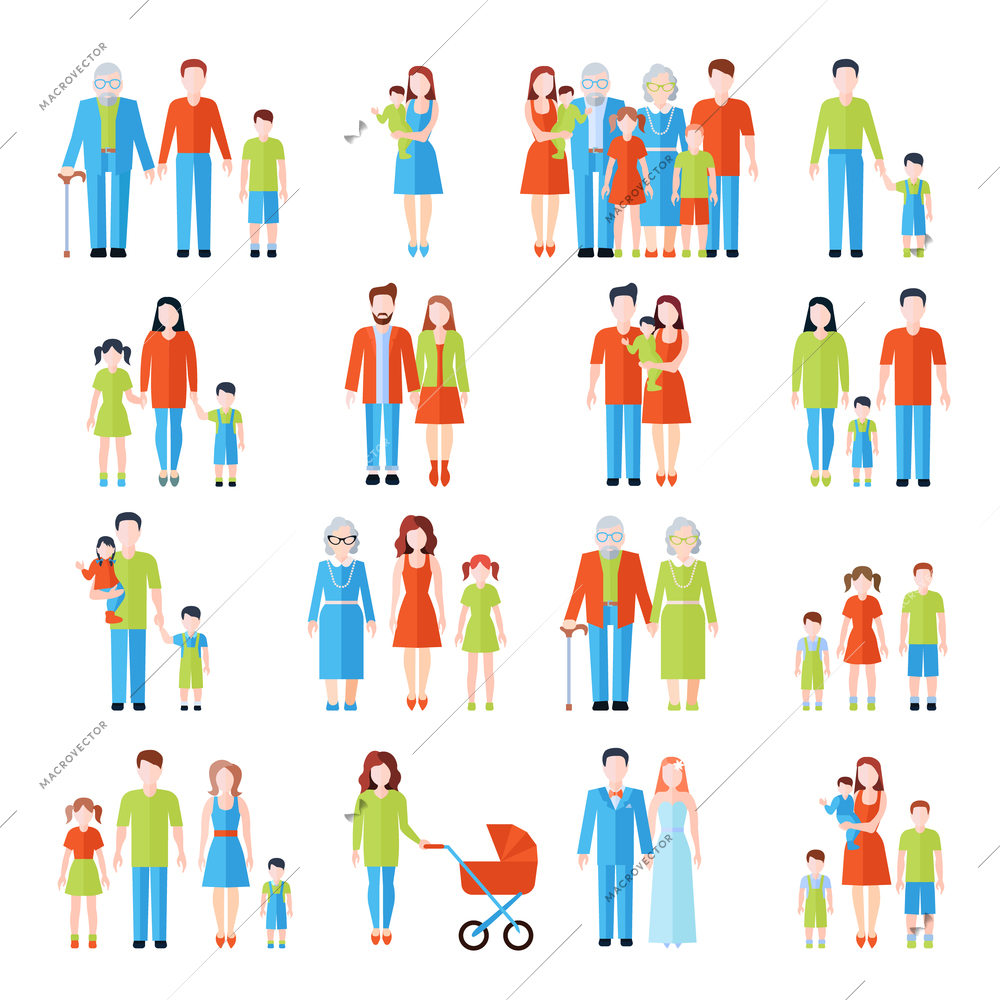 Happy family three generations flat icons set with father mother grandparents and children abstract vector isolated illustration