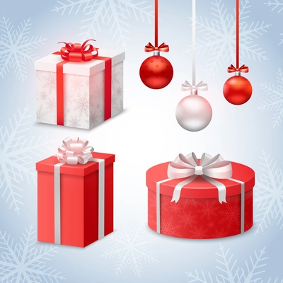 Christmas balls and gift boxes on snowflakes background vector illustration