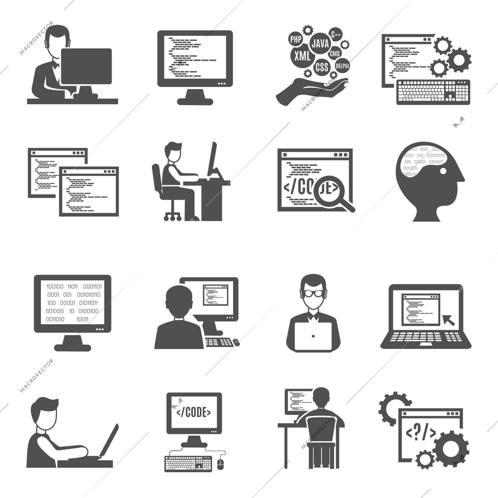 Programmer black icons set with computer technologies symbols isolated vector illustration