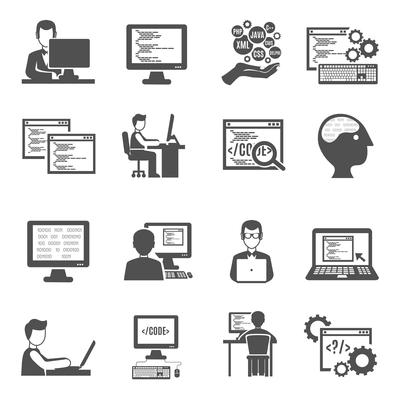 Programmer black icons set with computer technologies symbols isolated vector illustration