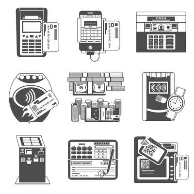 Payments methods black icons collection with bank transaction deposit machine and  credit card reader abstract vector illustration
