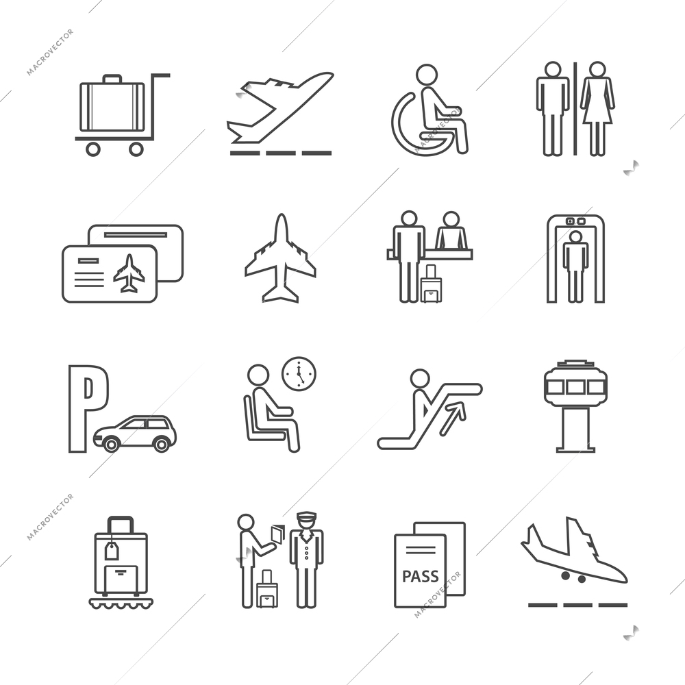 Business airport travel icons set with passport check control board isolated vector illustration