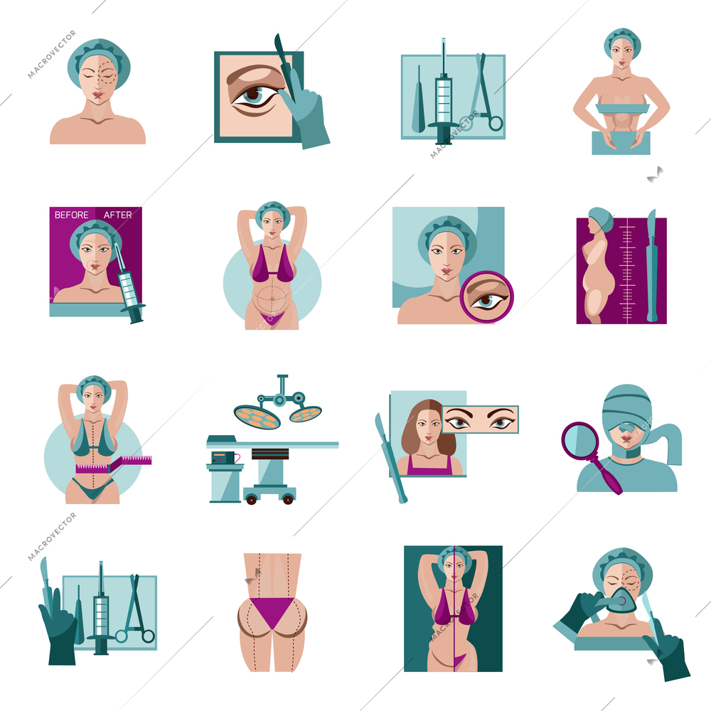 Cosmetic facial and body lift  plastic surgery flat icon collection with abdominal contouring abstract isolated vector illustration