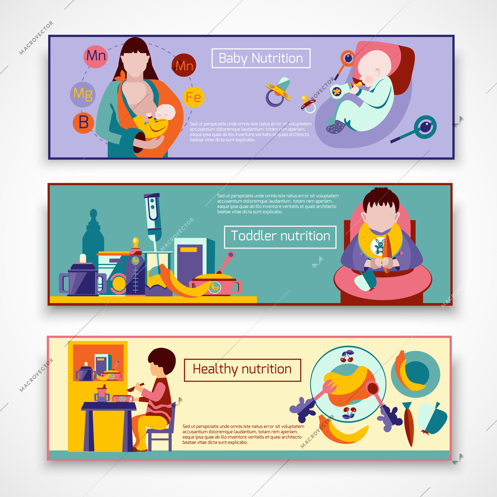 Baby nutrition horizontal banner set with toddler feeding elements isolated vector illustration