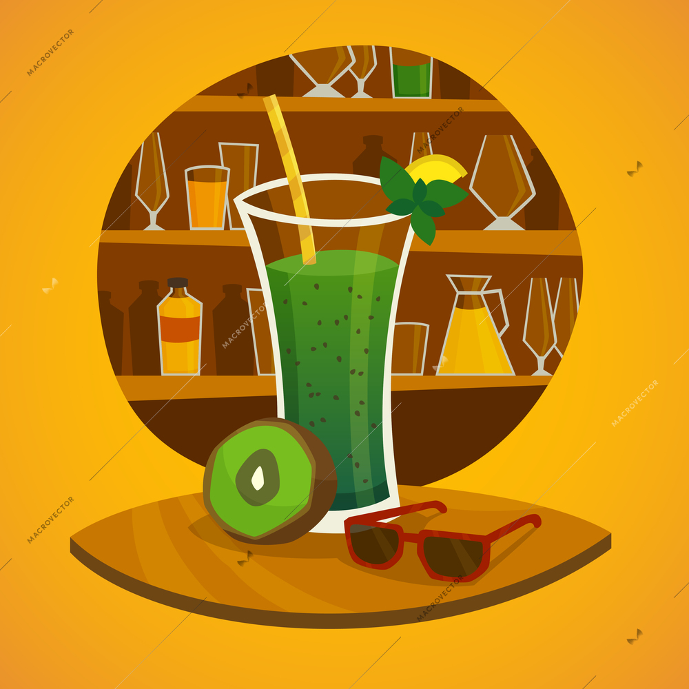 Juice bar concept with glass of kiwi fresh juice  and sunglasses on table in  foreground  vector illustration