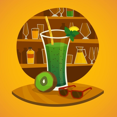 Juice bar concept with glass of kiwi fresh juice  and sunglasses on table in  foreground  vector illustration