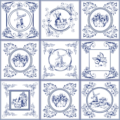 Delft blue kitchen and fireplace tiles used all over the world icons collection abstract isolated vector illustration