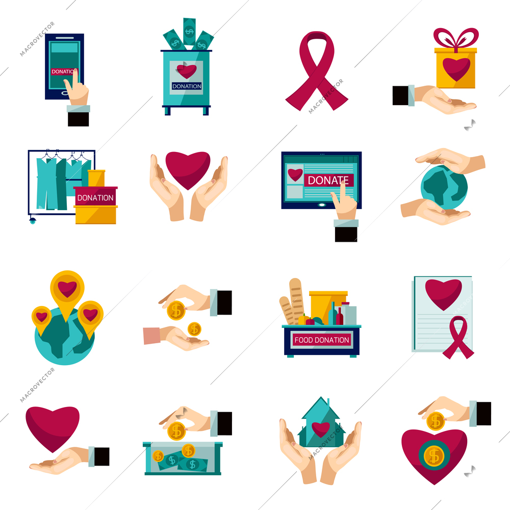 International charity organization heart symbol flat icons set of food and clothes donation abstract isolated vector illustration