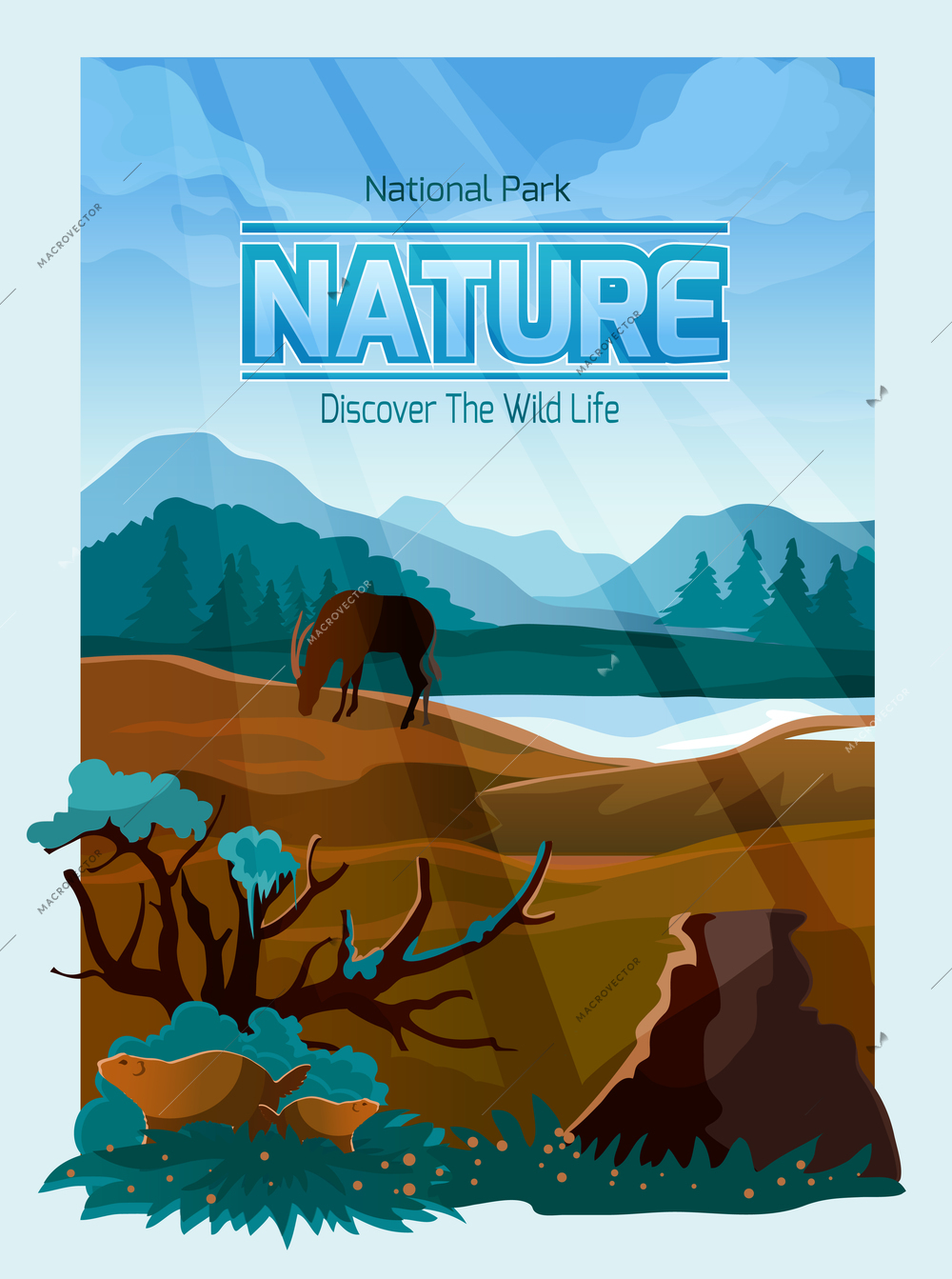 National park wild life decorative banner with mountains range background plants and animals abstract vector illustration