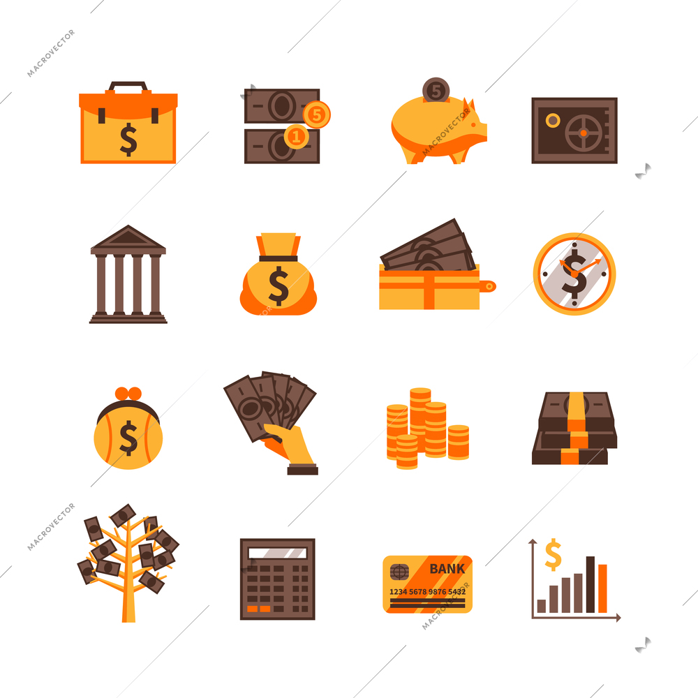 Flat color finance icons set with cash card and dollar sign isolated vector illustration