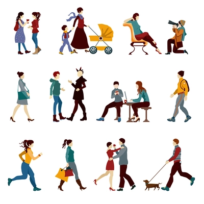 City people set with hipsters students kids and couples silhouettes isolated vector illustration