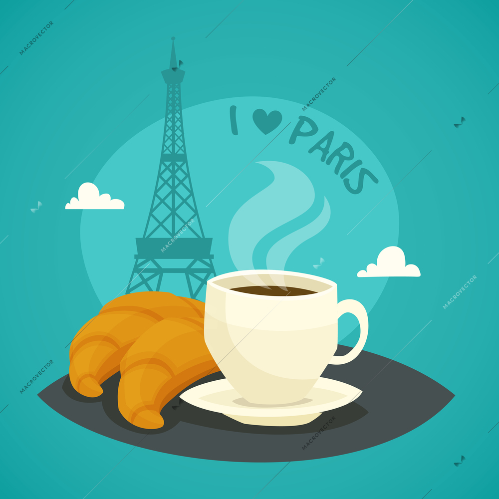 Cup of morning coffee with croissants at Eiffel tower background  in cartoon  style vector illustration