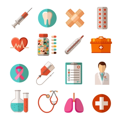 Flat icons set of medical equipment pharmaceutical products and health care isolated vector illustration