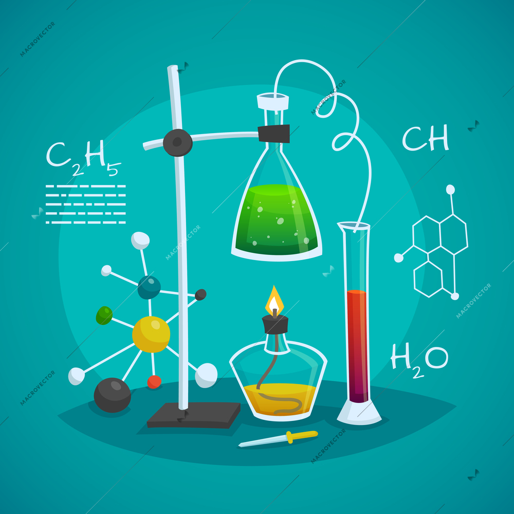 Chemical laboratory workspace design concept with burner flask  and glass tube vector illustration