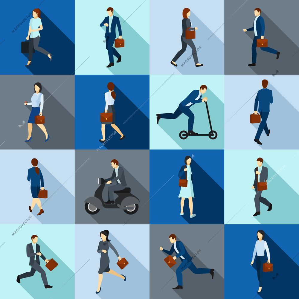 Color flat long shadow icons set of people go to work on foot and using transport isolated vector illustration