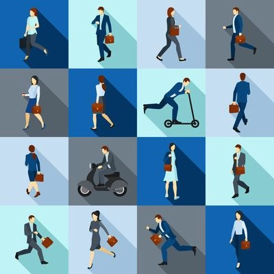 Color flat long shadow icons set of people go to work on foot and using transport isolated vector illustration