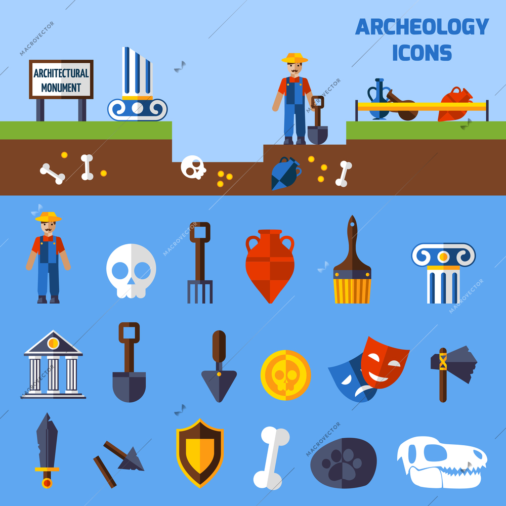 Archeology icons set  with paleontological finds and tools for excavations  vector illustration