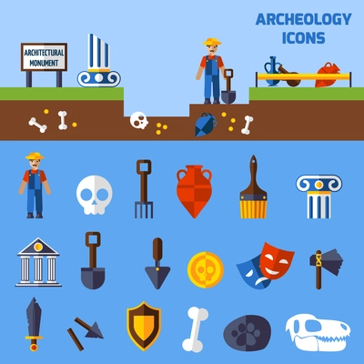 Archeology icons set  with paleontological finds and tools for excavations  vector illustration