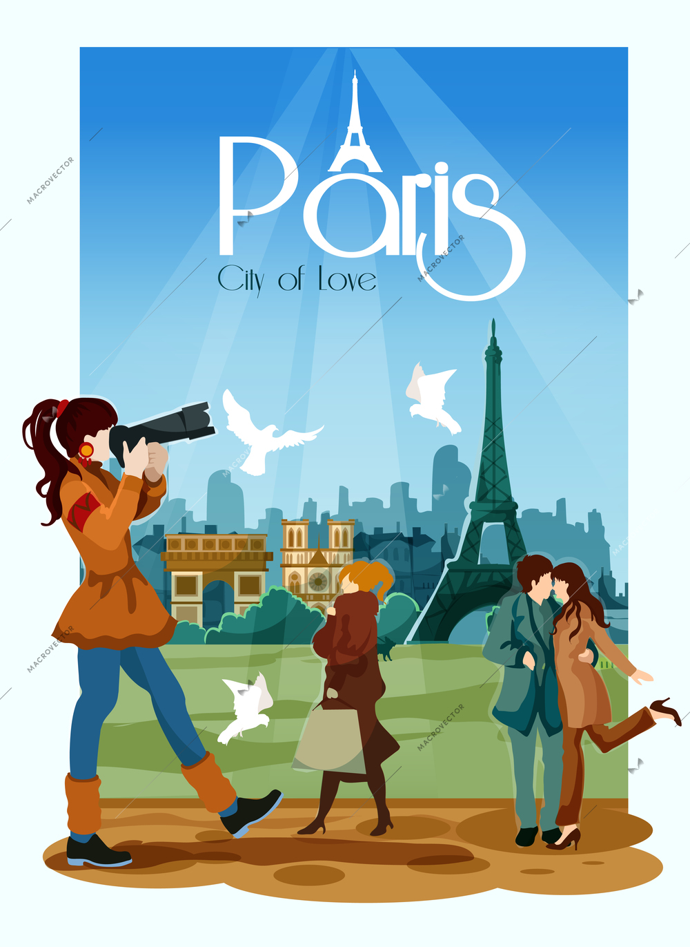Paris poster with touristic landmarks people and city of love text vector illustration