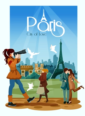 Paris poster with touristic landmarks people and city of love text vector illustration