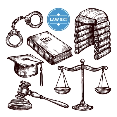 Hand drawn law symbols set with Holy Bible scales handcuffs and elements of judges clothing  isolated vector illustration
