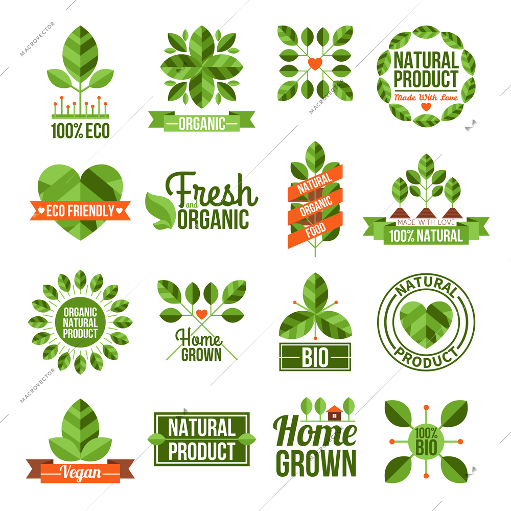 Labels and emblems flat set of organic and natural products isolated vector illustration