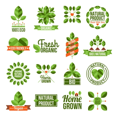 Labels and emblems flat set of organic and natural products isolated vector illustration