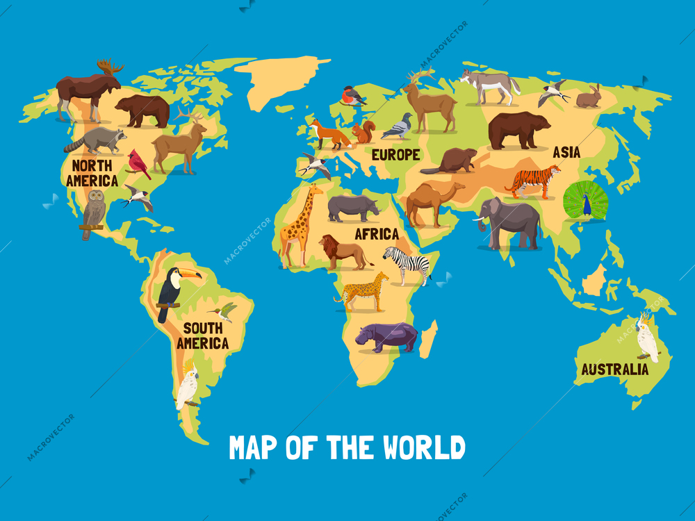 Flat map of world with animals living in different parts of continents vector illustration