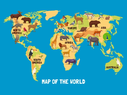 Flat map of world with animals living in different parts of continents vector illustration