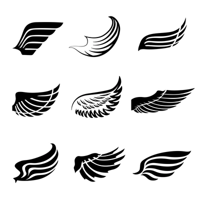 Abstract feather angel or bird wings icons set isolated vector illustration